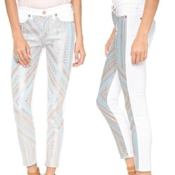 7 For all Mankind Malhia Kent Skinny Jeans Front Metallic Geometric Print Size 2 - Picture 1 of 9